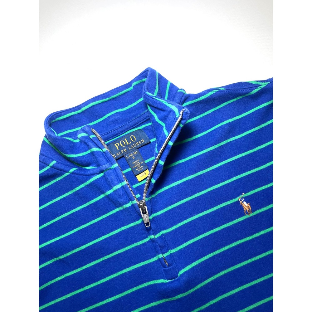 Polo Ralph Lauren Youth L 14-16 Blue Green Striped Quarter Zip Pullover Sweater - Picture 2 of 9